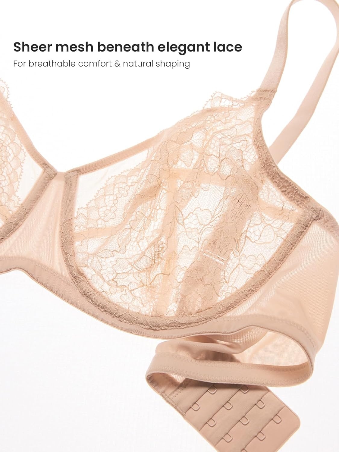 image:imageDELIMIRA Womens Lace Full Coverage Bra Plus Size Underwire Unlined Sheer Mesh Sexy No Padding BrasBeige