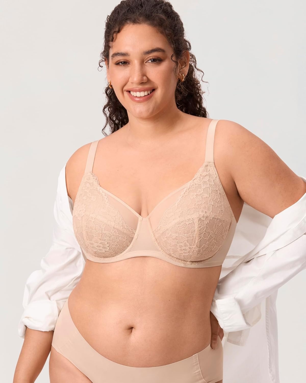 image:imageDELIMIRA Womens Lace Full Coverage Bra Plus Size Underwire Unlined Sheer Mesh Sexy No Padding BrasBeige