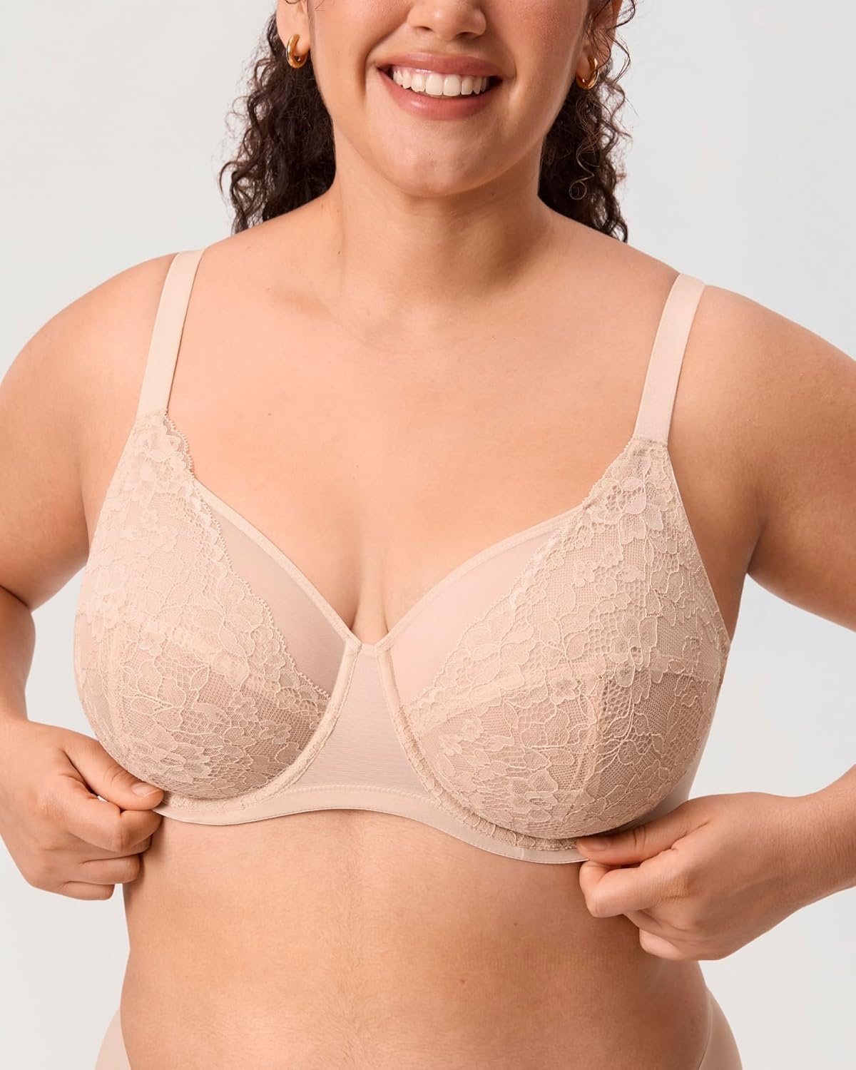 image:imageDELIMIRA Womens Lace Full Coverage Bra Plus Size Underwire Unlined Sheer Mesh Sexy No Padding BrasBeige