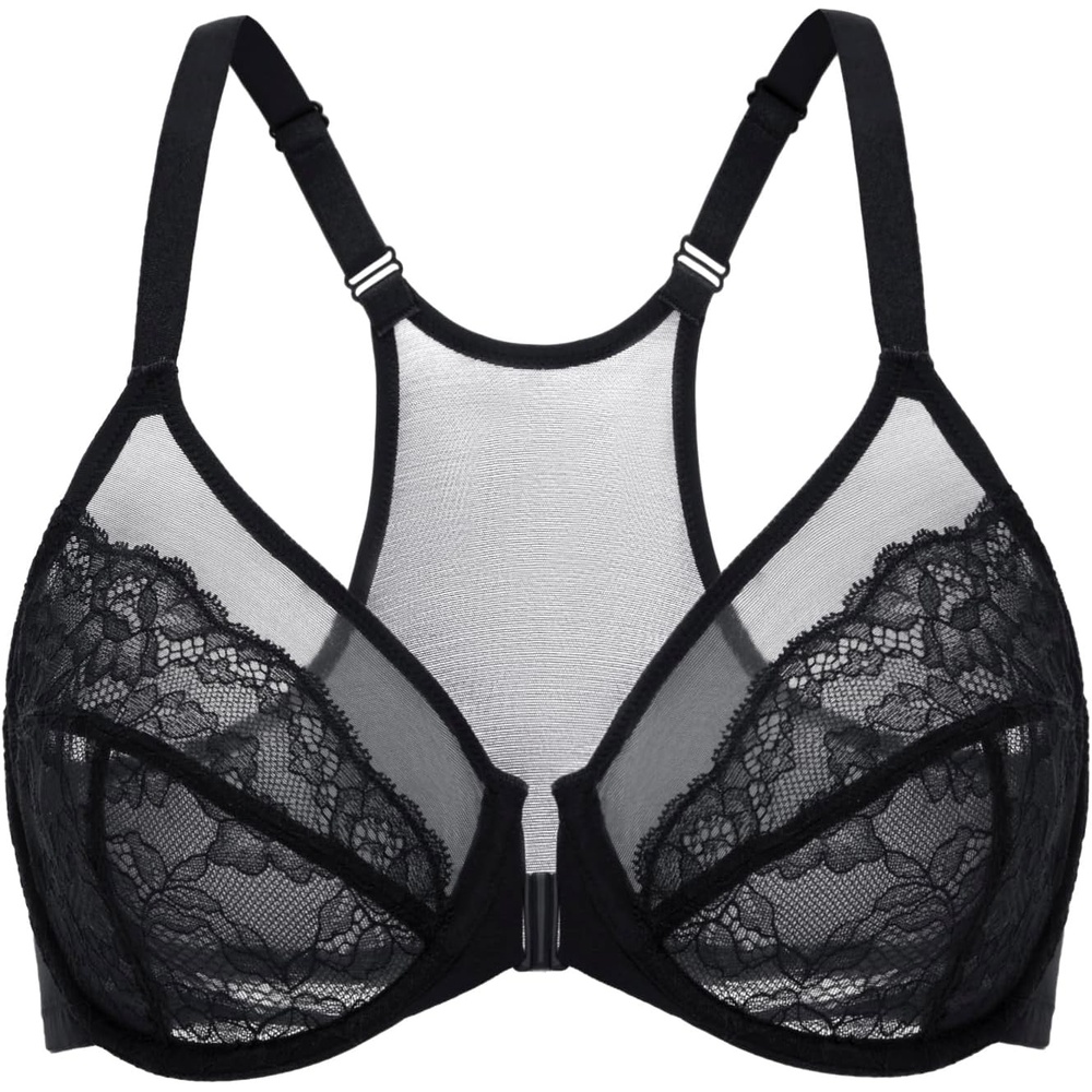 image:imageDELIMIRA Womens Front Closure Lace Racerback Plus Size Full Coverage Underwire Unlined BraBlack