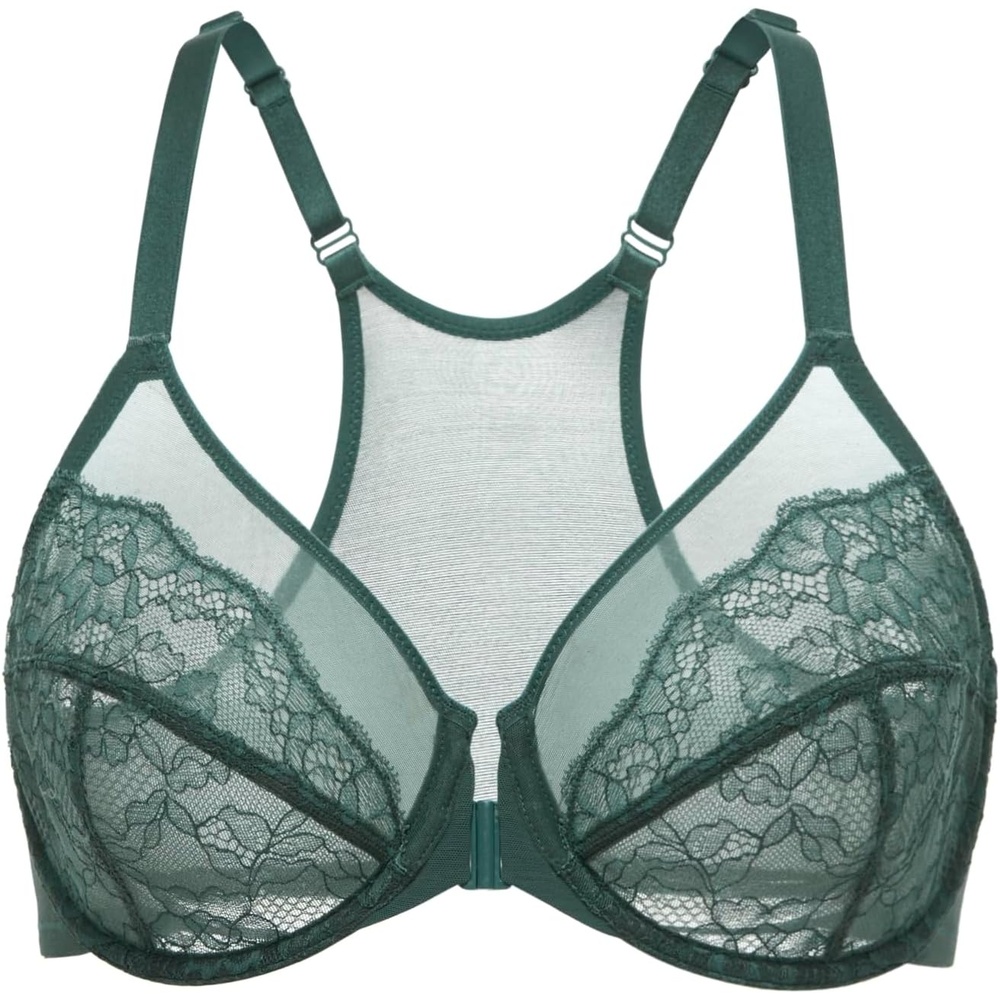 image:imageDELIMIRA Womens Front Closure Lace Racerback Plus Size Full Coverage Underwire Unlined BraMidnight Emerald