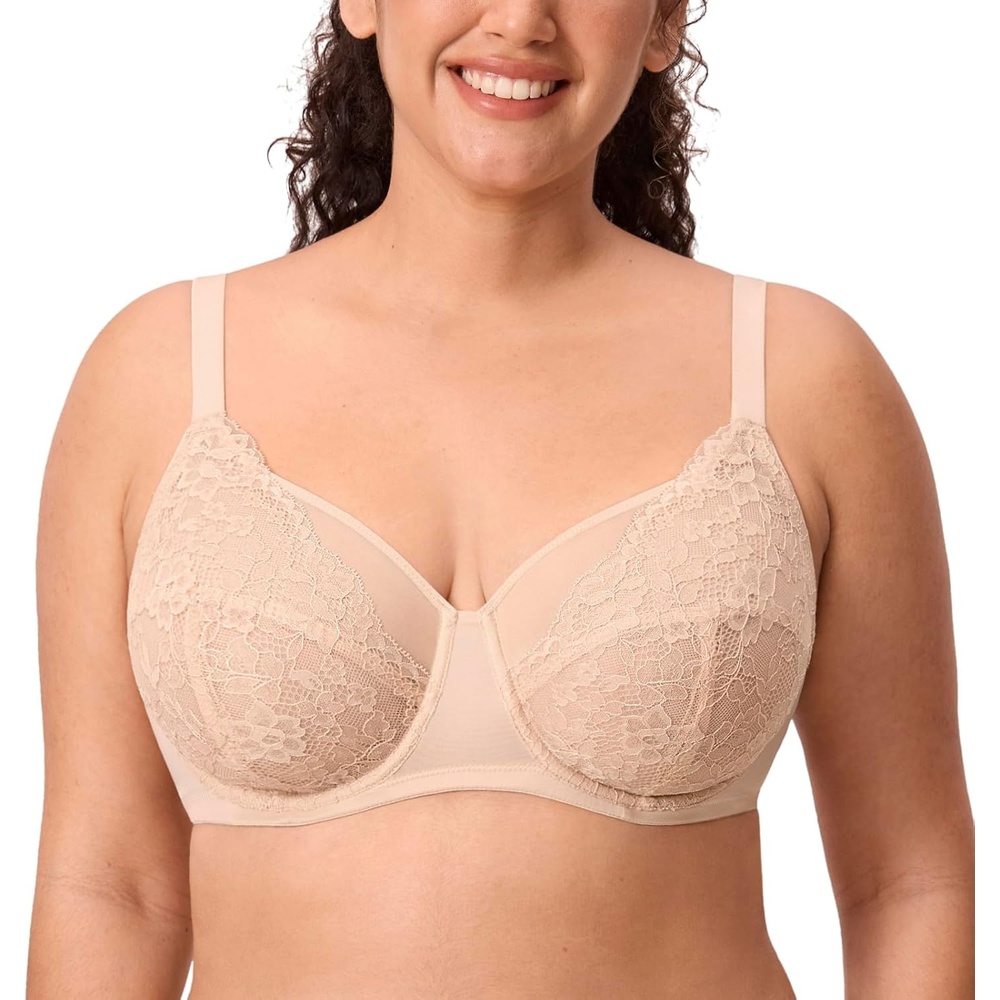 image:imageDELIMIRA Womens Lace Full Coverage Bra Plus Size Underwire Unlined Sheer Mesh Sexy No Padding BrasBeige