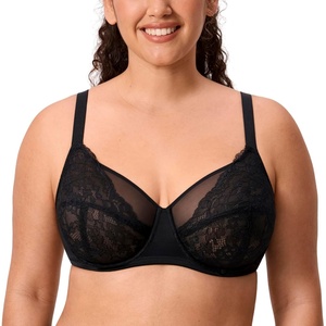 image:imageDELIMIRA Womens Lace Full Coverage Bra Plus Size Underwire Unlined Sheer Mesh Sexy No Padding BrasBlack